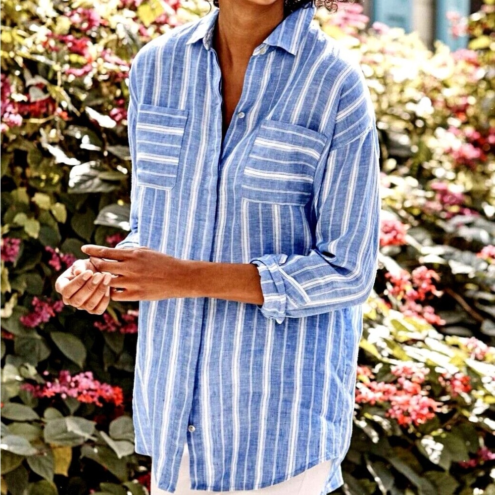 J. Jill Love Linen Tunic Shirt Women’s Size M Button Front Stripe Lagenlook Blue